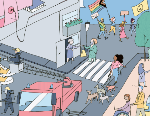 Illustration: unterschiedliche Menschen unterwegs auf Straße
